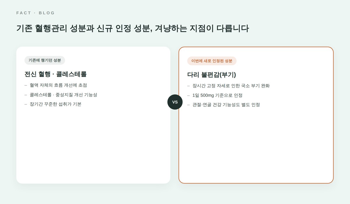 다리부기 완화 신규 인정 성분과 기존 혈행관리 성분 비교 인포그래픽