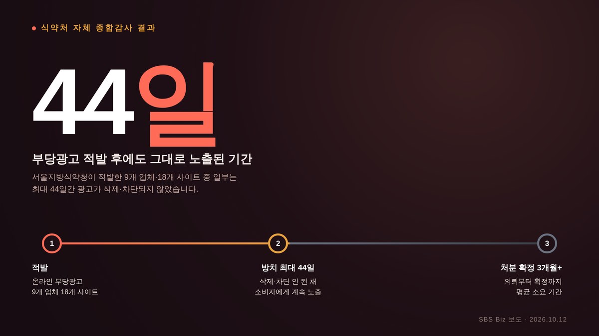 건강기능식품 부당광고 적발 후 방치 기간을 보여주는 통계 그래픽, 최대 44일