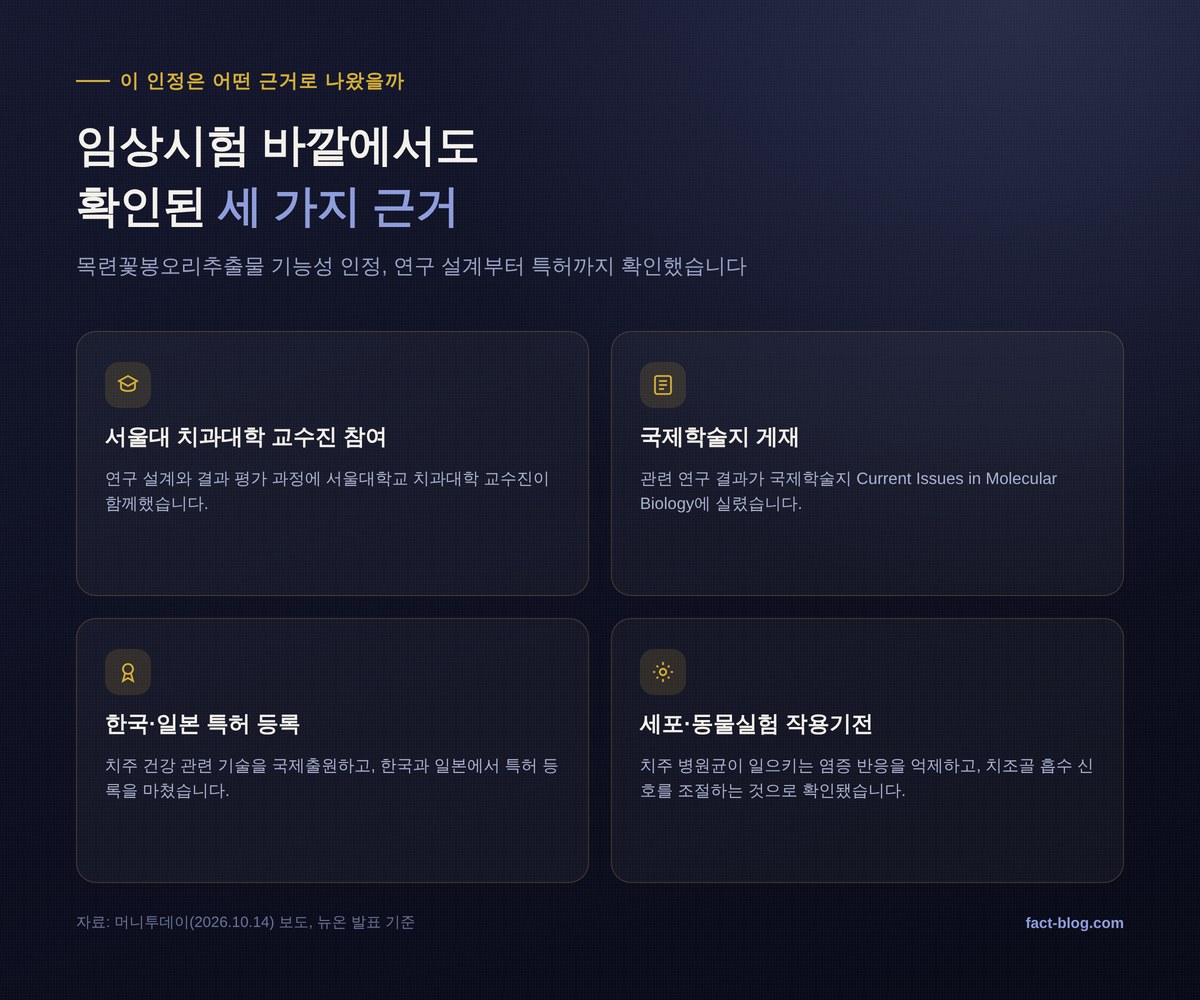 목련꽃봉오리추출물 잇몸건강 기능성 인정 연구 신뢰도 서울대 치과대학 교수진 국제학술지 특허